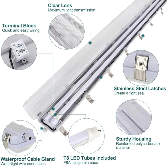 4 Pack 8FT Vapor Tight LED Light Fixtures with T8 Tubes 100W 12500LM 5000K IP65 Surface Mount Lights