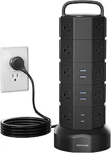 Power Strip Tower Surge Protector 20 AC 6 USB 6.5Ft Retractable Extension Cord