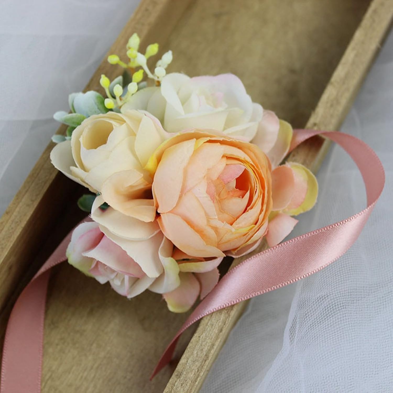 2Pc Pack-Handmade Artificial Peony Wrist Corsage With Satin Wristband For Girl Bridesmaid Wedding Party Prom Hand Flower (Champagne X2)