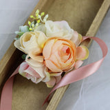 2Pc Pack-Handmade Artificial Peony Wrist Corsage With Satin Wristband For Girl Bridesmaid Wedding Party Prom Hand Flower (Champagne X2)