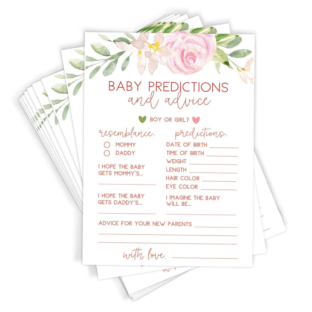 Baby Predictions & Advice Cards For New Parents – Baby Shower Game, Wishes For Mommy & Daddy, Floral Design For Baby Girl, 50 Cards