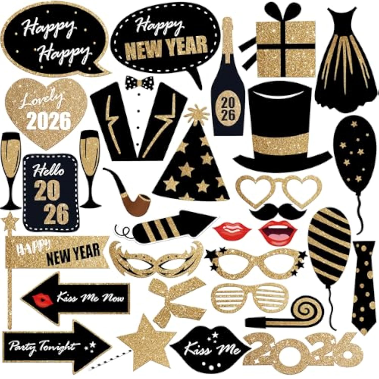 32 Pc 2026 Glitter New Year Photo Booth Props for Party Decorations