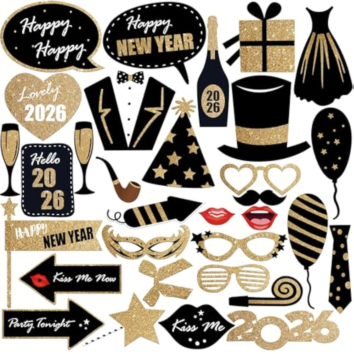 32 Pc 2026 Glitter New Year Photo Booth Props for Party Decorations
