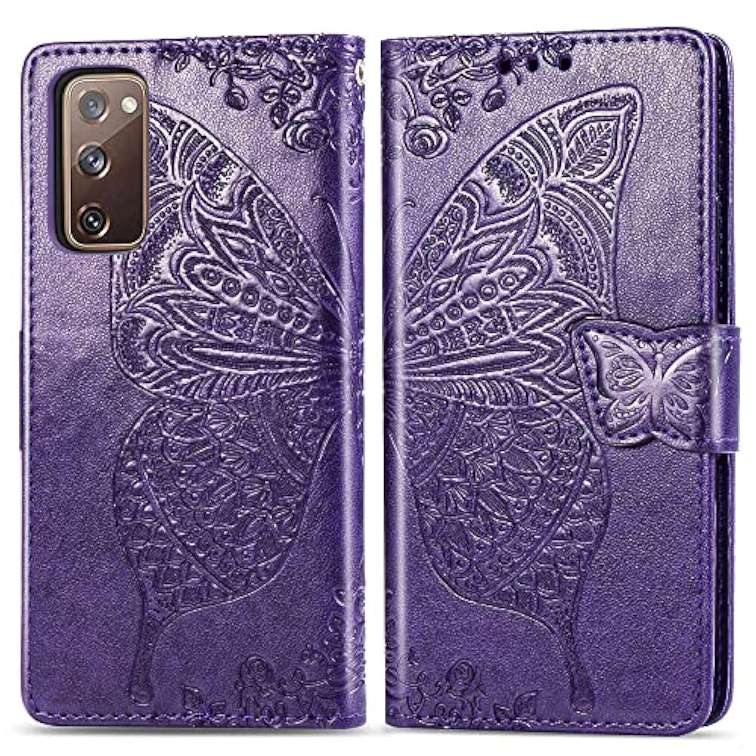 For Samsung Galaxy S20 Fe Case Wallet,Women Flip Cover With Butterfly Embossed Pu Leather Stand Credit Card Holder Slots Magnetic Wrist Strap Phone Case (Purple)