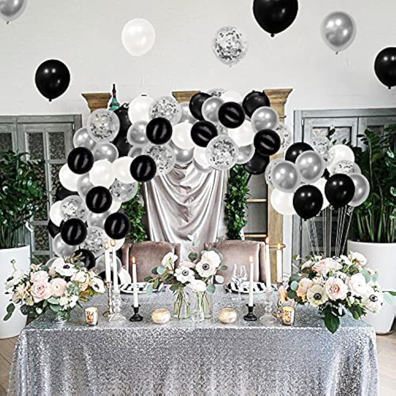 100pcs Metallic Balloons – 12" Black, White, Silver & Confetti Décor