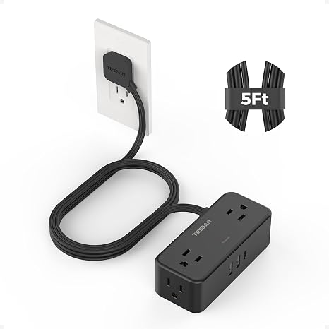 Surge Protector Power Strip 4 Outlets 3 USB Ports USB C 5FT Flat Plug Extension Cord Black