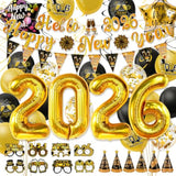 2026 New Year Party Set in Gold and Black with Banner, Balloons, and Party Accessories