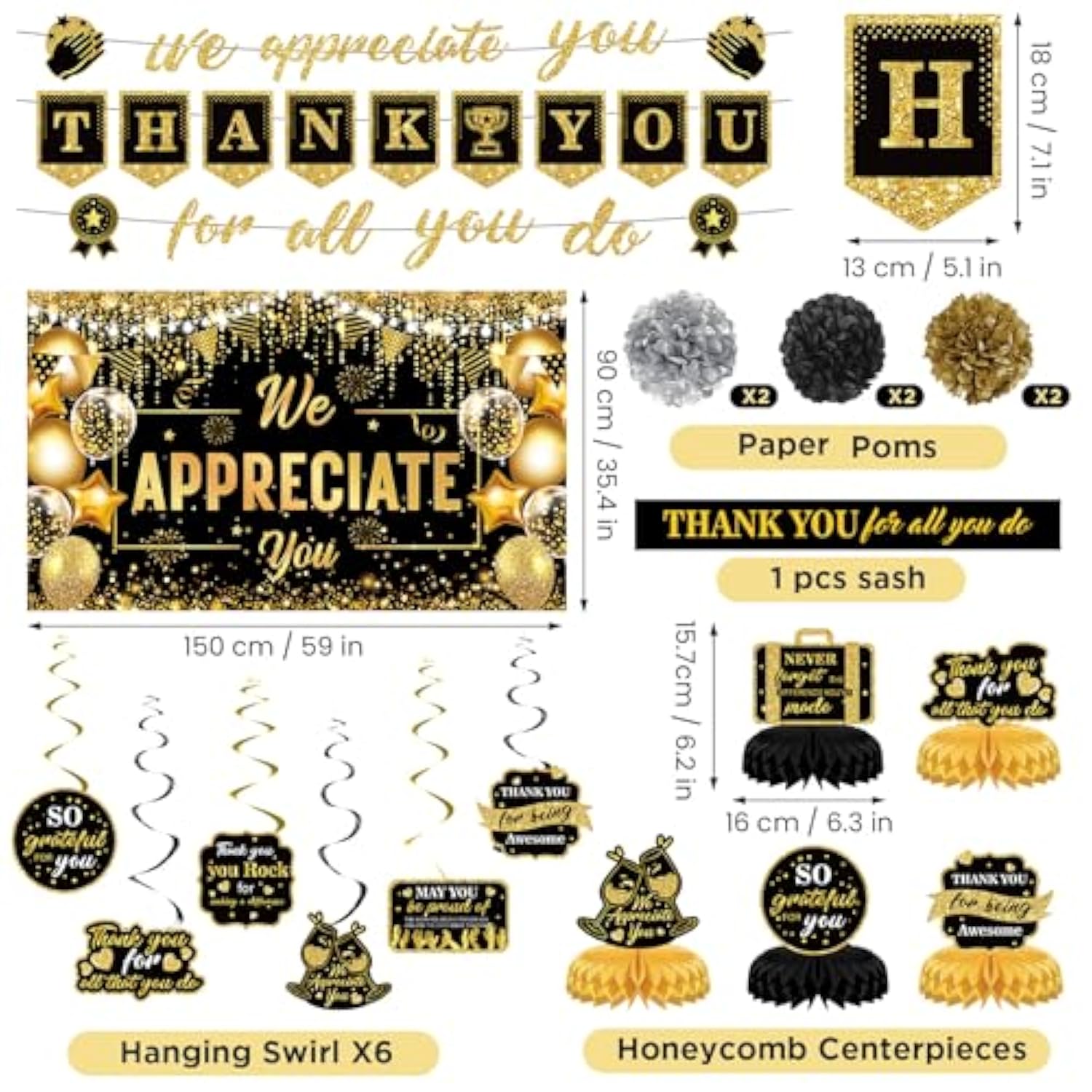 We Appreciate You Party Decorations Black Gold Thank You For All You Do Banner Honeycomb Centerpieces Hanging Swirls For Office Employee Staff Appreciation Gifts Pastor Teacher Party Boss Day Decor