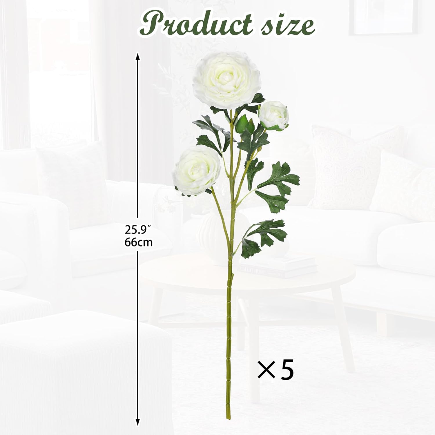 White Ranunculus Artificial Flowers Bouquets, Set Of 5 25.9'' Long Stems Faux Peony, Real Touch Spring Summer Floral Arrangement For Home Decor Wedding Vase Filler Diy Crafts