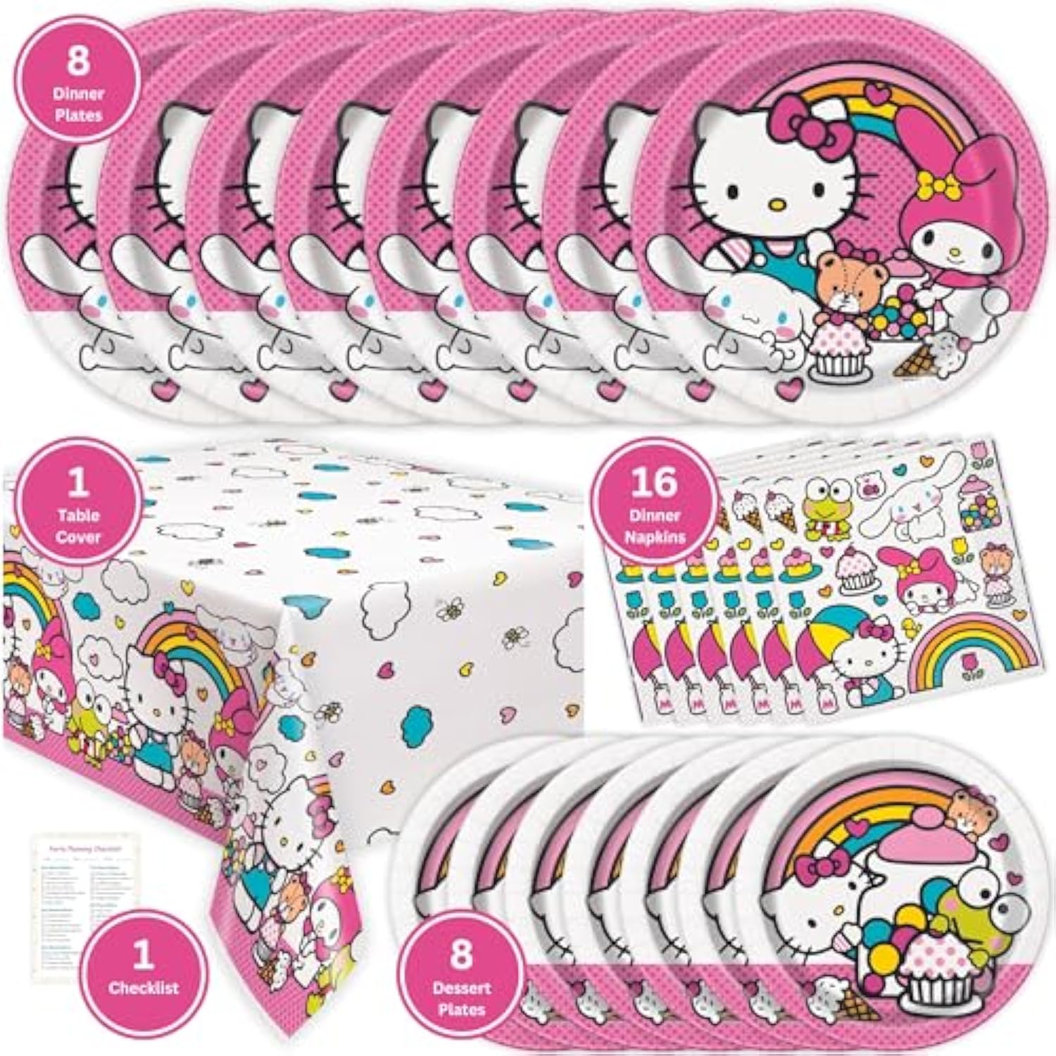 Hello Kitty Birthday Decorations - Hello Kitty Party Decorations - Plates, Napkins, Tablecloth, Checklist - Party Supplies for 8 Guests