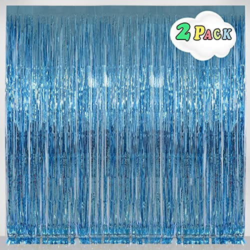 Light Blue Foil Fringe Curtains Party Decorations, 3.2 x 8 ft Foil Curtains Tinsel Backdrop for Ocean, Baby Shark Theme Birthday Decorations - Pack of 2