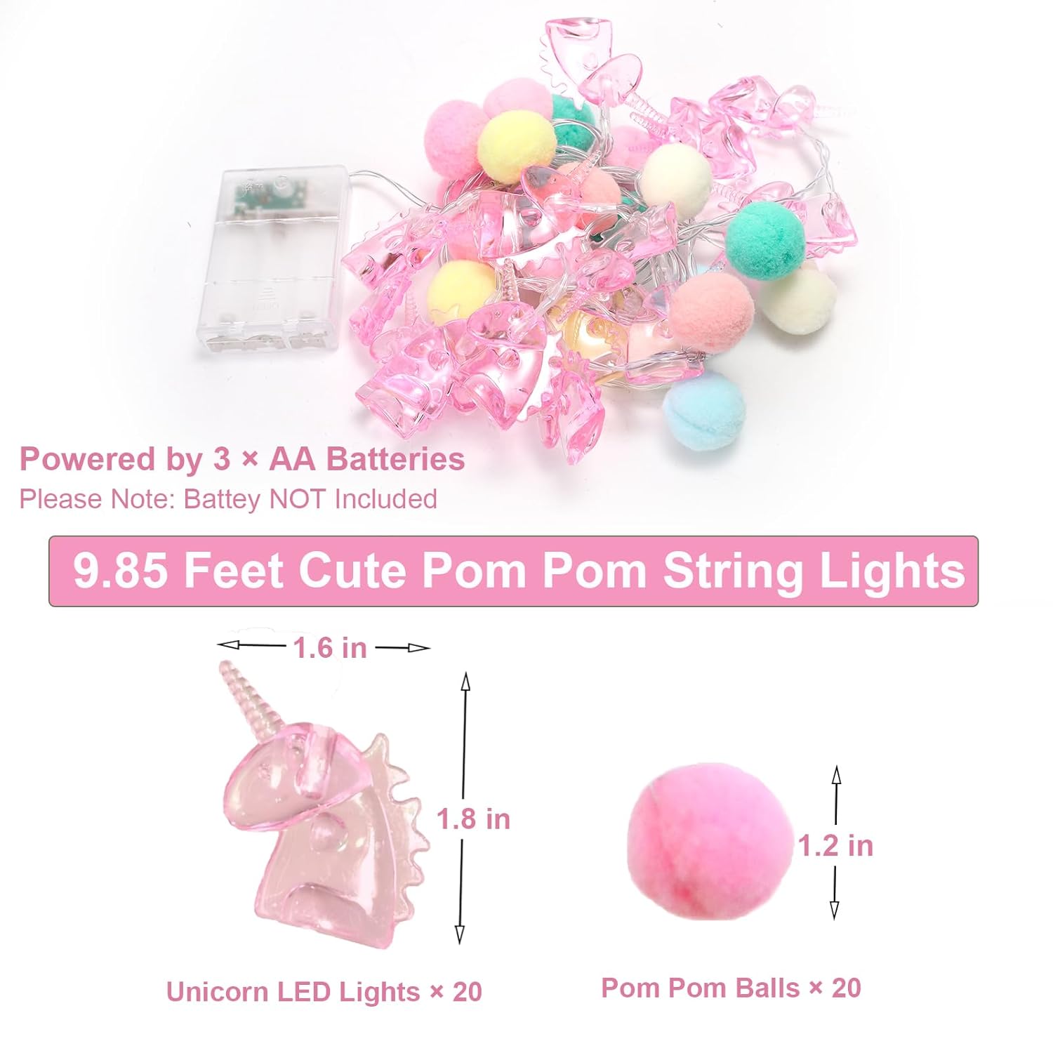 9.85Ft Unicorn String Lights Cute Pom Poms Fairy Led String Lights Battery Operated With Timer Decor Lights For Kids Bed