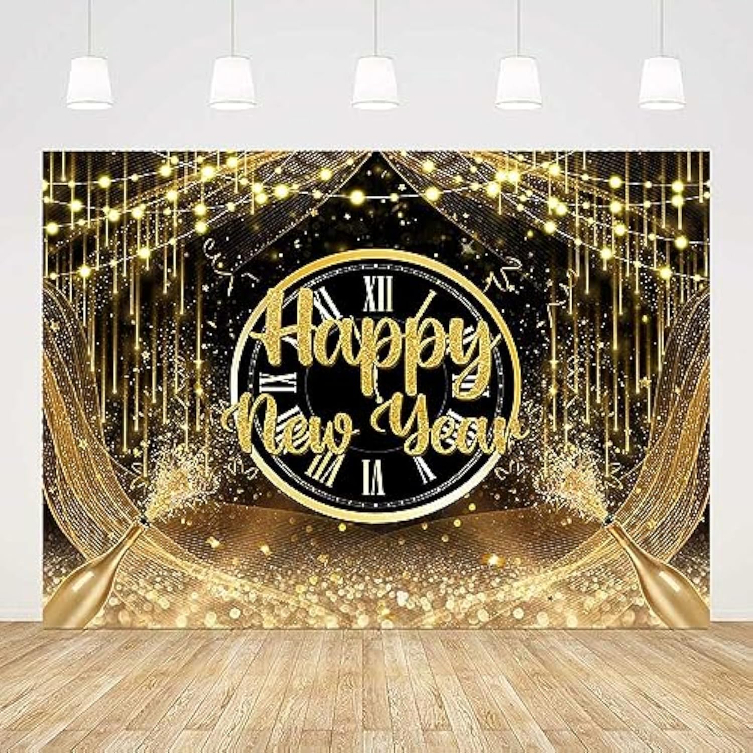 7x5ft Happy New Year 2026 Backdrop Black & Gold Glitter Party Banner