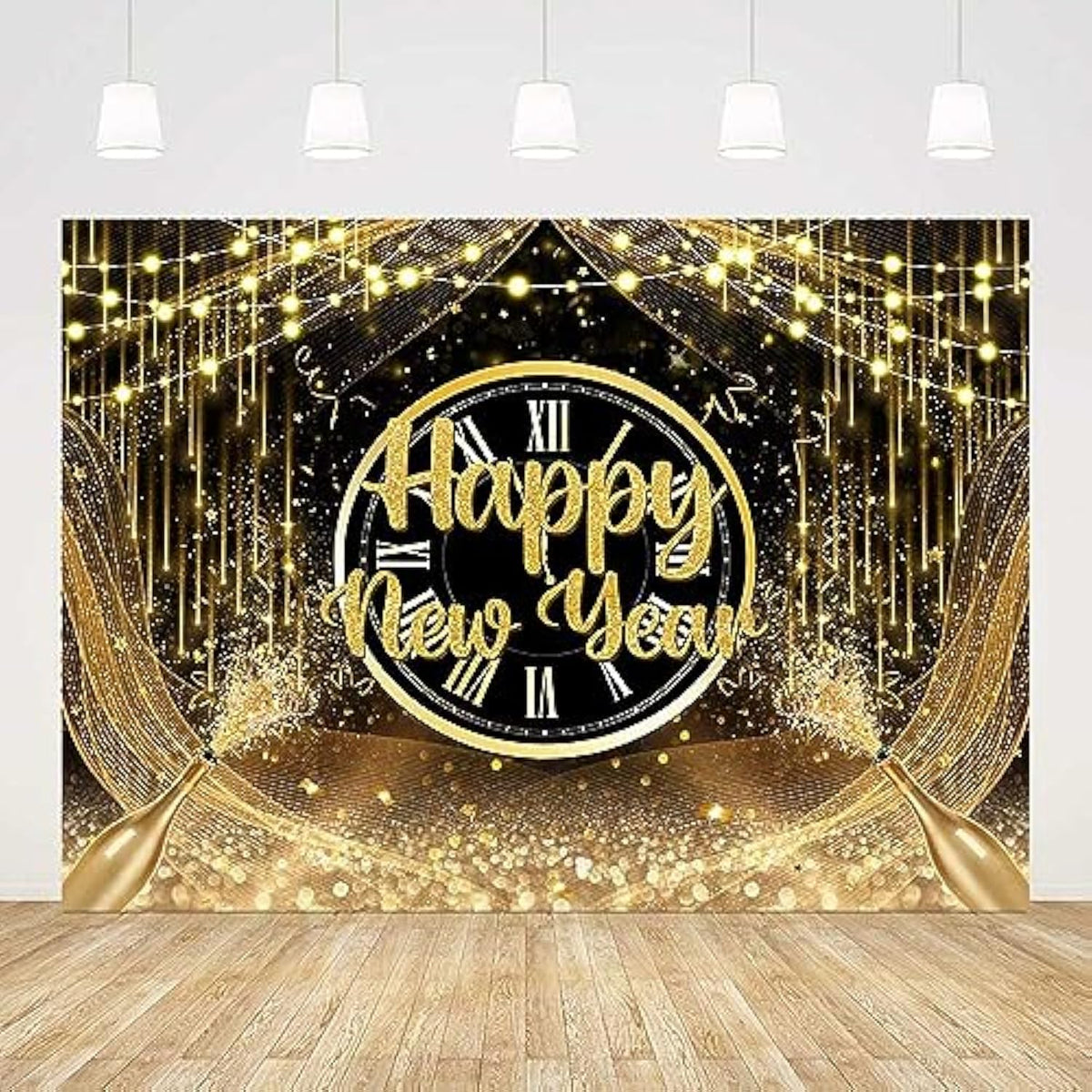7x5ft Happy New Year 2026 Backdrop Black & Gold Glitter Party Banner