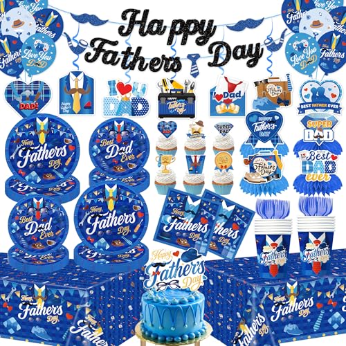 139Pcs Fathers Day Decorations, Happy Fathers Day Party Set with Plates, Napkins, Cups, Tablecloth, Banner, Balloons, Haning Swirls, Cake Topper, Cupcake Toppers for Dad Birthday Party, Serves 20