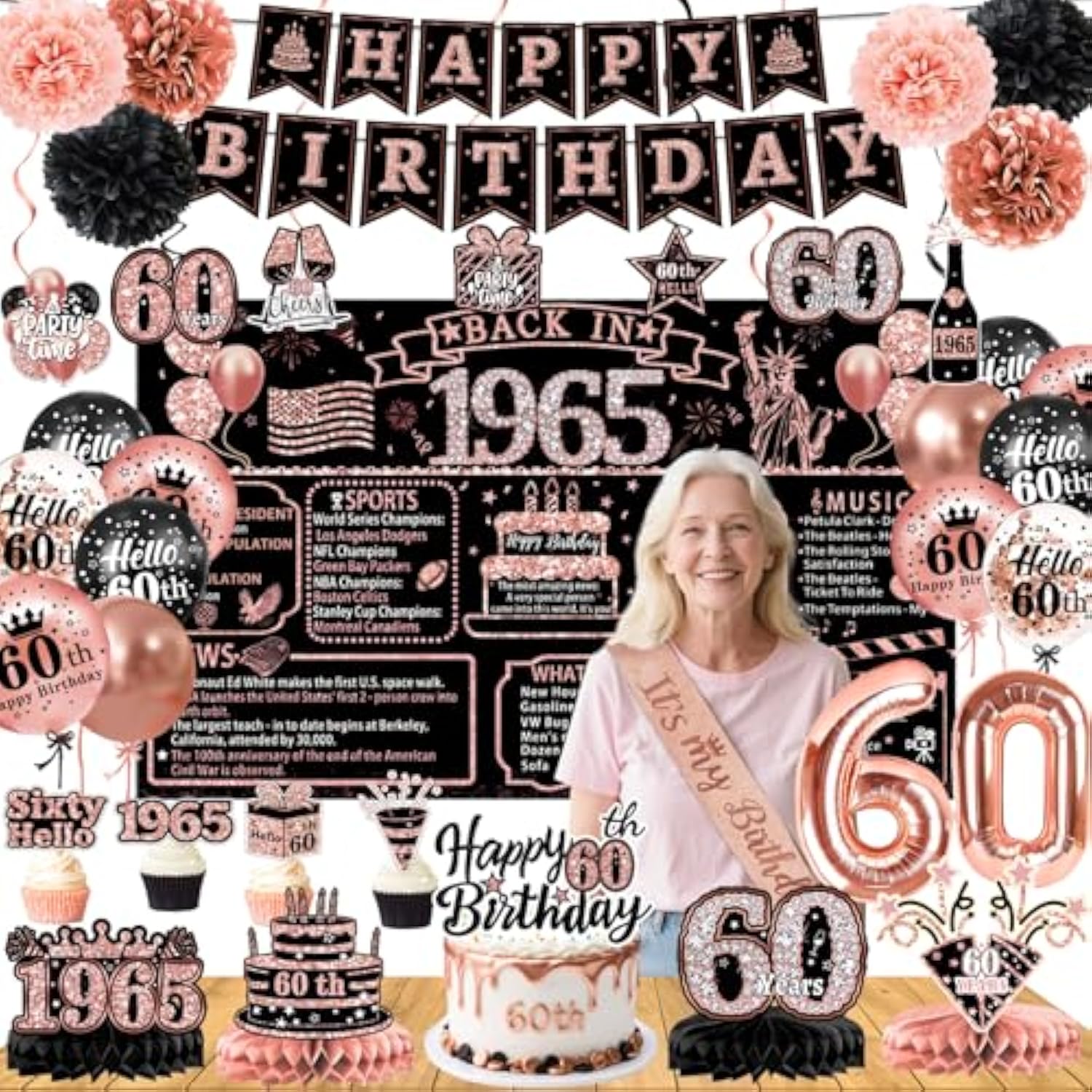 60Th Birthday Decorations For Women – 58Pcs Rose Gold & Black Party Supplies With Back In 1965 Backdrop, Banner, Honeycomb Centerpieces, Balloons, Hanging Swirls, Foil & Latex Balloon, Sash, Pom Poms
