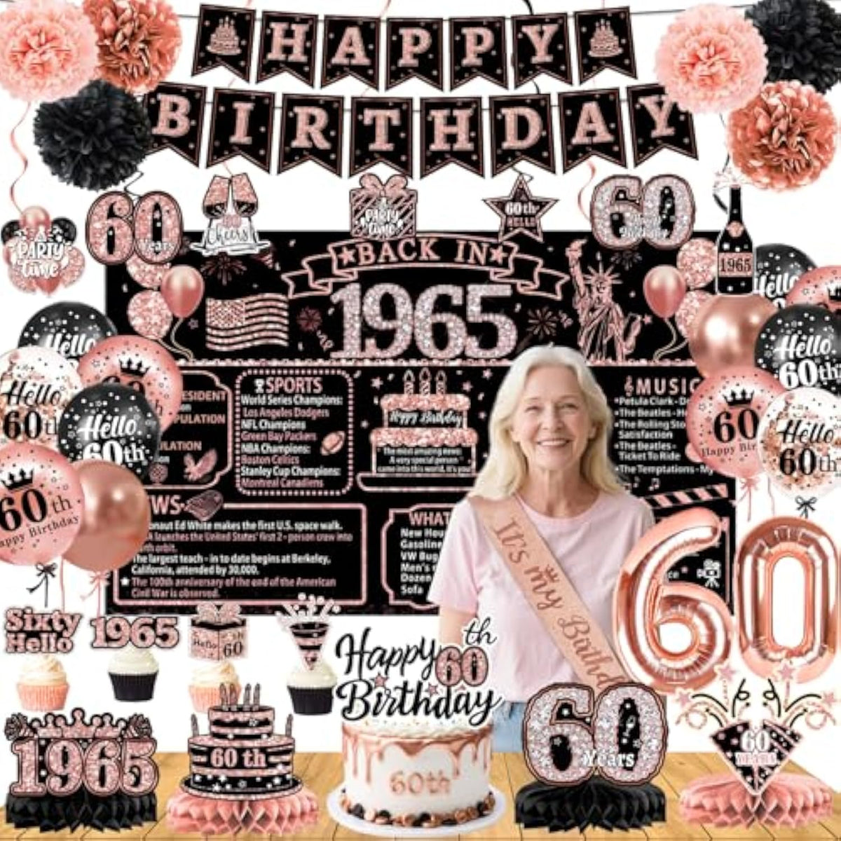 60Th Birthday Decorations For Women – 58Pcs Rose Gold & Black Party Supplies With Back In 1965 Backdrop, Banner, Honeycomb Centerpieces, Balloons, Hanging Swirls, Foil & Latex Balloon, Sash, Pom Poms