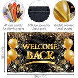 Welcome Back Banner - 5X3 Ft, Black & Gold - Homecoming, Reunion, Baby Shower Decorations, Double Stitched Polyester, Outdoor/Indoor Use