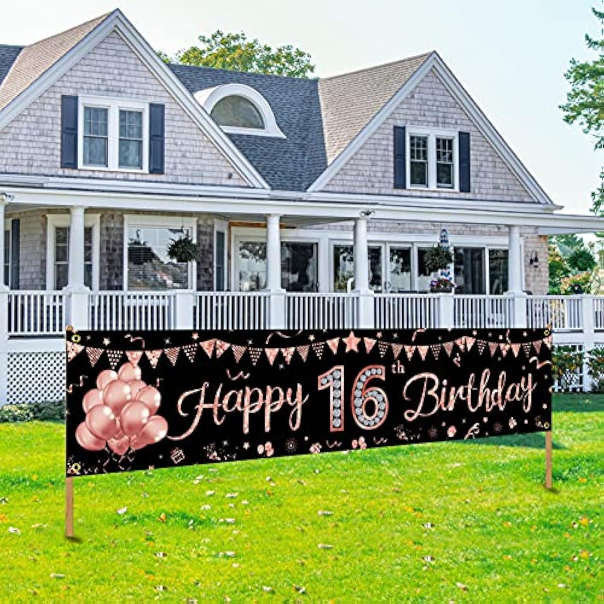 Rose Gold Sweet 16 Birthday Banner, Outdoor Yard Sign for Girls 16th Celebration