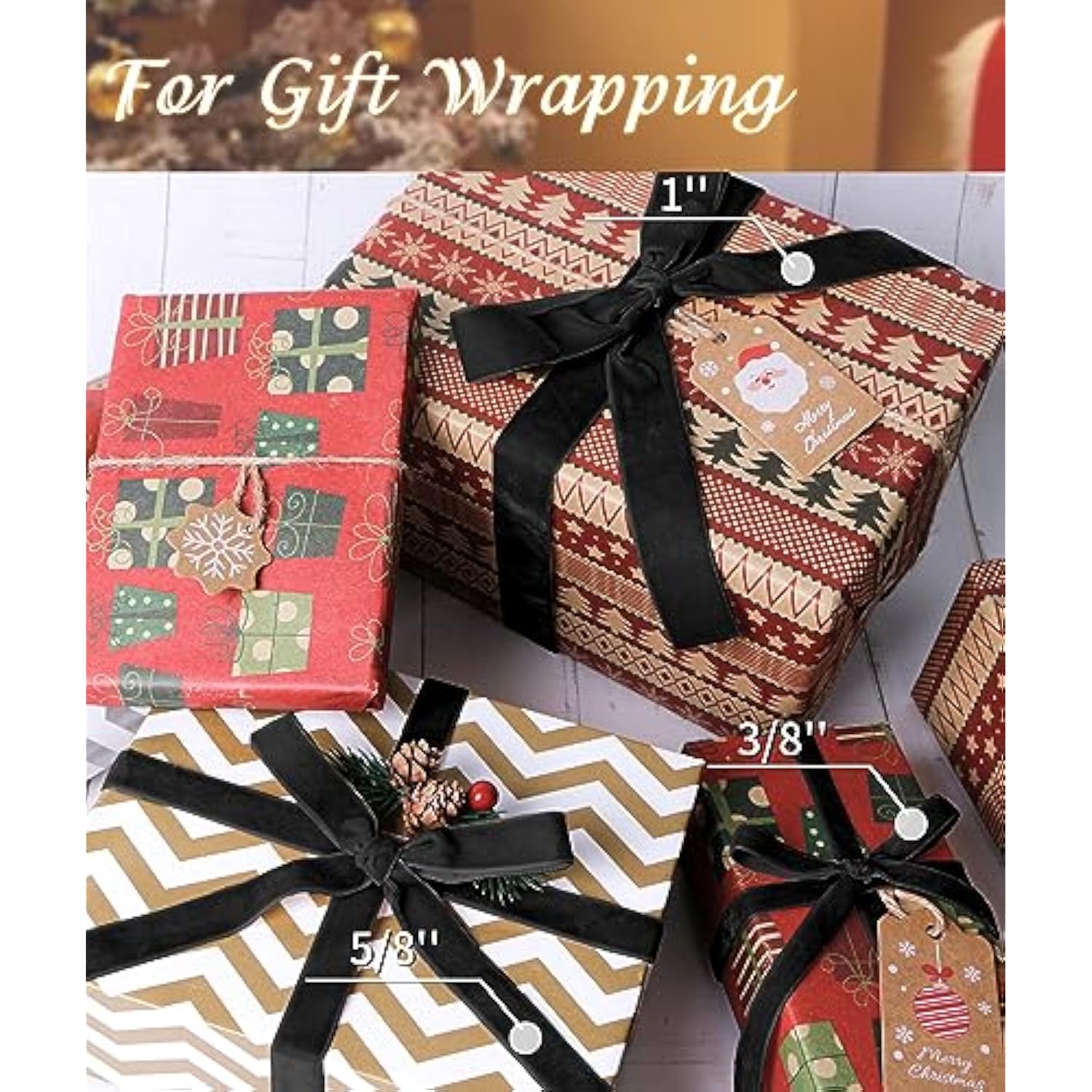 Black Velvet Ribbon 5/8'' 25 Yards For Christmas Tree, Gift Wrapping, Flower Bouquet, Wreath Decorations, Bow Making