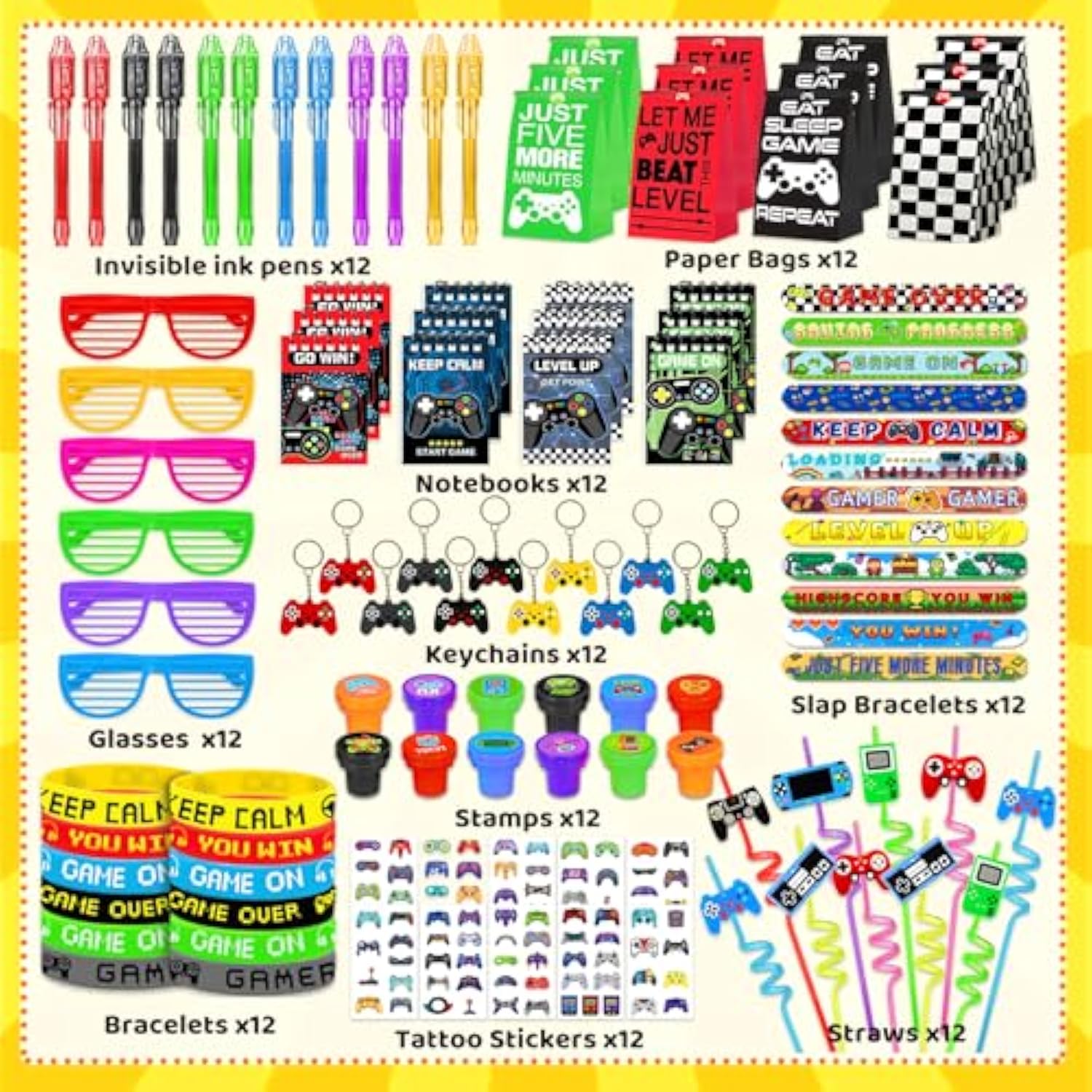 120 Pcs Video Game Party Favors, Gamer Gaming Party Favors - Glasses Invisible Ink Pens Notebooks Drinking Straws Stamps Tattoo Stickers Gift Bags For Game On Birthday Parties Favor Supplies