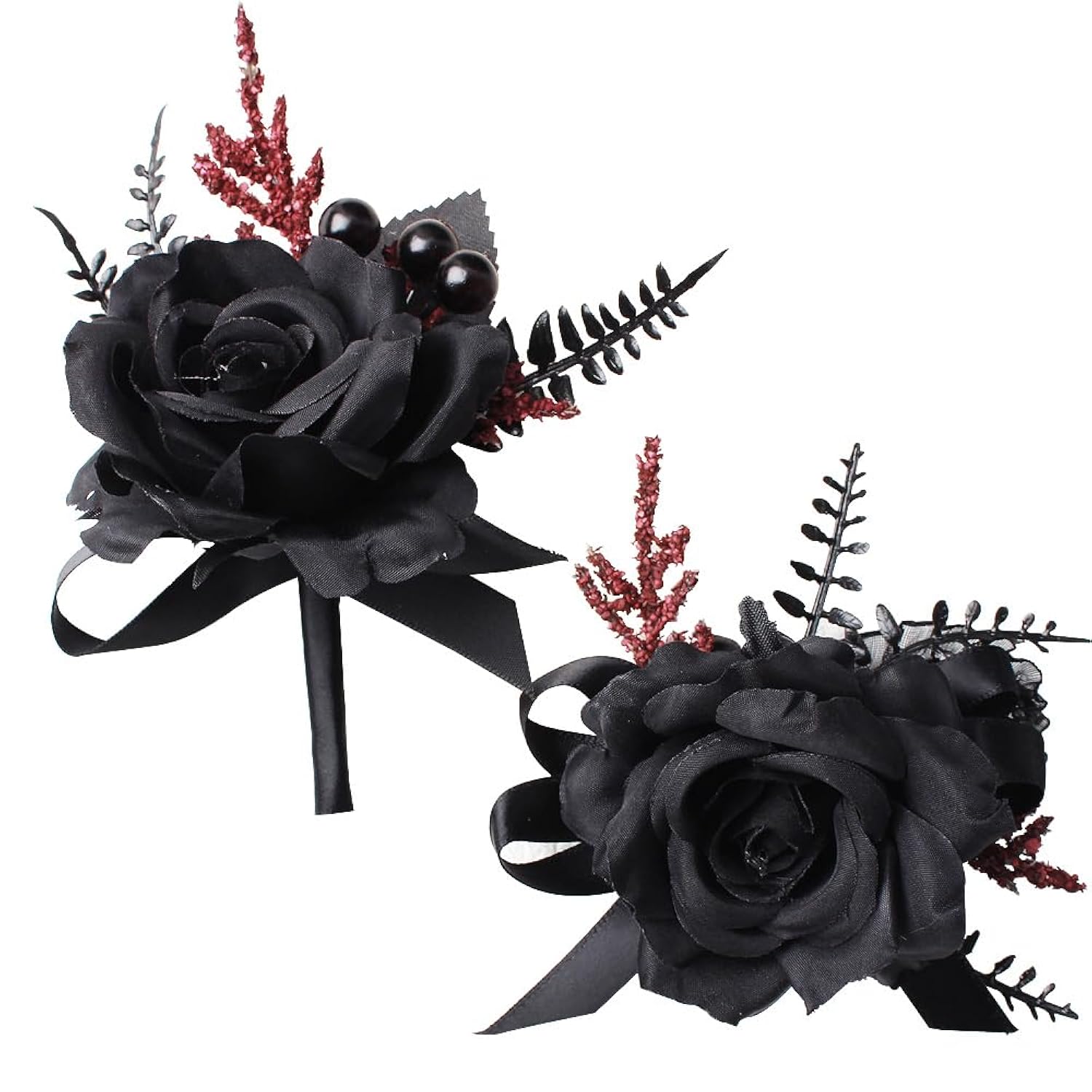 Black Wrist Corsage And Boutonniere Set For Wedding Artificial Flower Accessories Prom Party Decoration (Black)