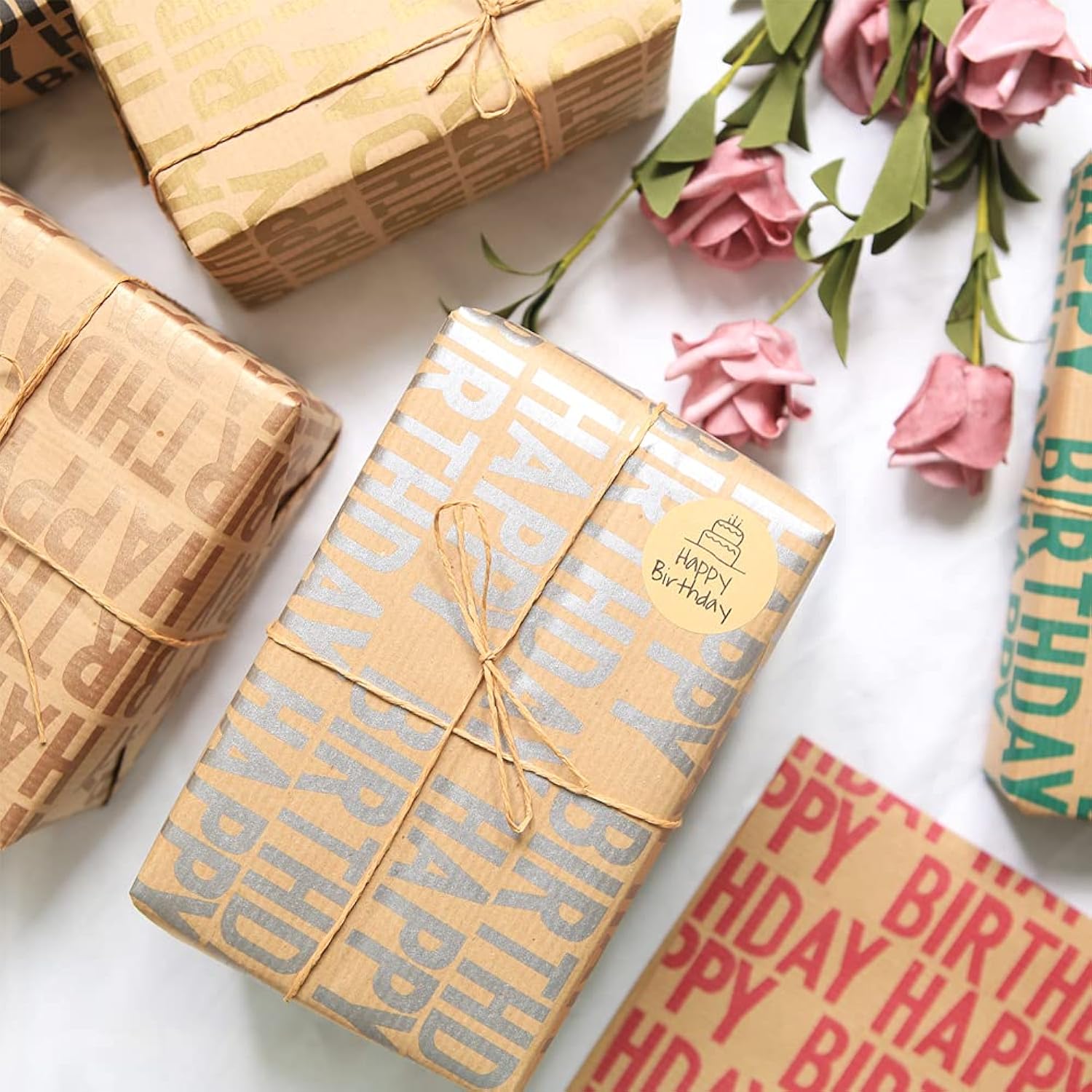 Happy Birthday Wrapping Paper For Boys Men Women Girls Kids,Recycled Gift Wrapping Paper, 20 X 28 Inches Per Sheet (12 Sheets: 47 Sq. Ft. Ttl.) Brown Kraft Folded Paper With Jute Strings, Stickers And Bows For Birthday Occasions