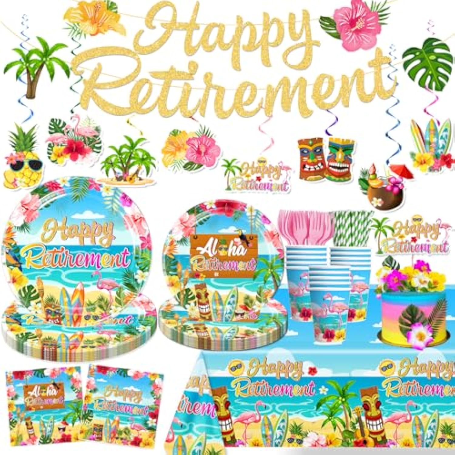 Tropical Retirement Party Decorations, Luau Aloha Hawaiian Beach Themed Retirement Party Supplies Including Banner Paper Plates And Napkins Sets Cake Toppers And 2 Pcs Tablecloth