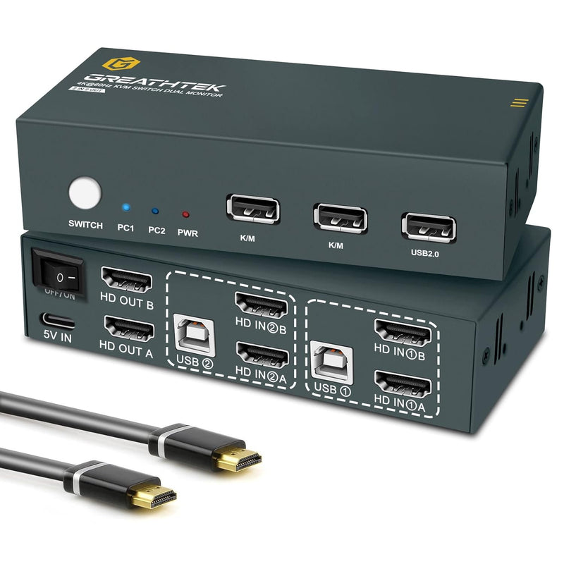 Hdmi Kvm Switch Dual Monitor 4K@60Hz, Kvm Switch 2 Monitors 2 Computers Share