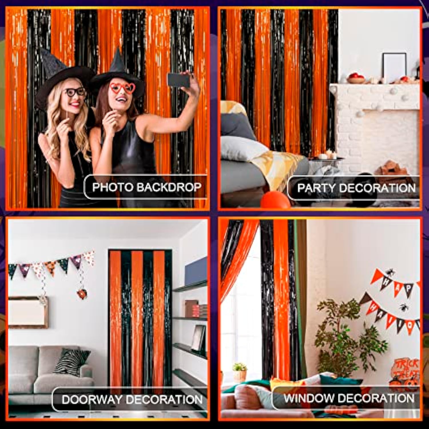 5 Pack Orange Black Foil Fringe Curtains 3.26x6.6ft Halloween Backdrop Party Decor