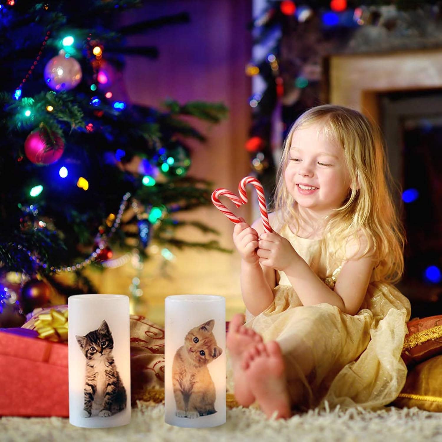 Flameless Flickering Candles With Remote And Timer, Battery Operated Real Wax Pillar Candles With Lovely Cat Decal For Christmas Home Decoration Gifts(3 X 3 X 6 Inch)