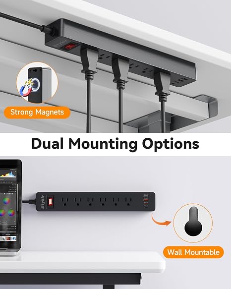 Black Power Strip Surge Protector with 6 Outlets and 4 USB Ports for Garage and Workshop