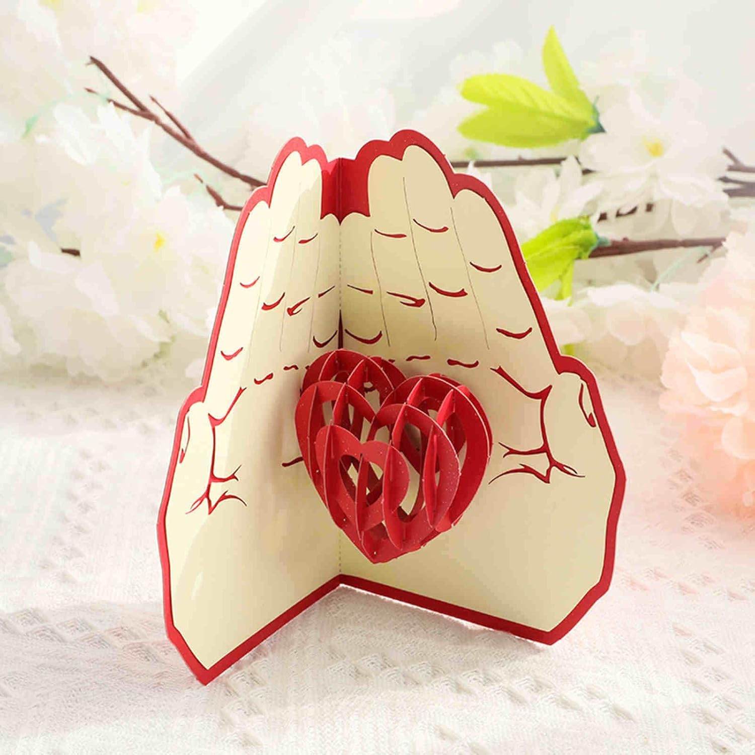 Mother'S Day Card 3D Pop Up With Hands Holding Heart - Luxury Unique Handmade Greeting Card For Mom, Grandma, Stepmom, Wife- Red Heart Shape Touching Keepsake Gift With Envelope & Poem Insert