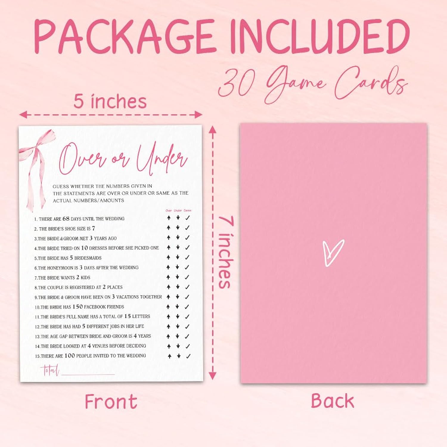 Wedding Game Set - 30 Pcs Pink Bow Over Or Under Engagement Game Cards, Bridal Shower Double-Sided Fill In Style Game Cards, Party Game & Activities - A04