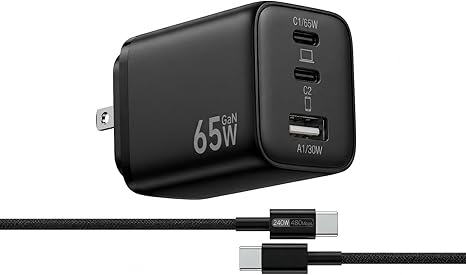 65W USB C Charger Block 3 Port GaN III Fast Wall Charger with 6FT 240W USB C Cable for iPhone MacBook iPad Samsung