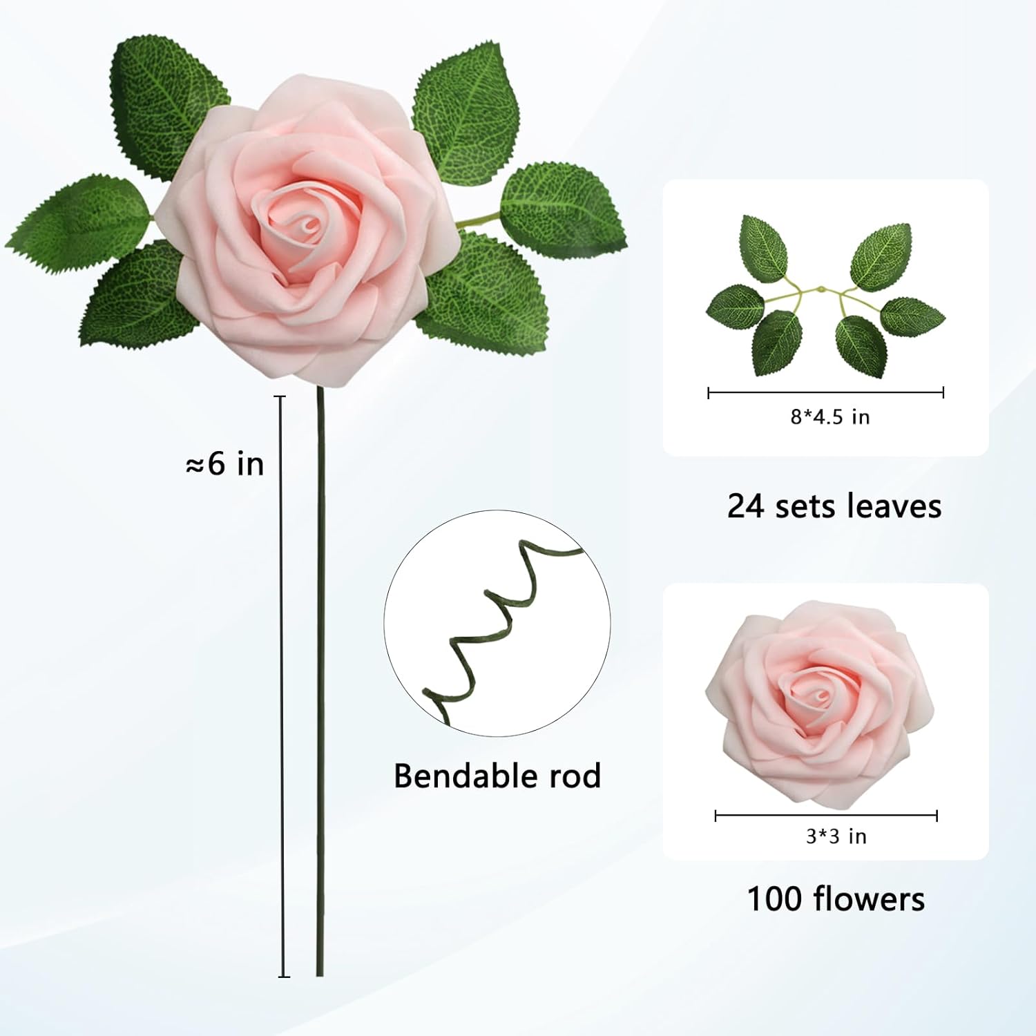 Artificial Flowers Realistic Roses, 100Pcs Real Looking Fake Roses With Stem For Diy Wedding Bouquets Centerpieces Bridal Shower Party Home Romantic Decorations (Light Pink)
