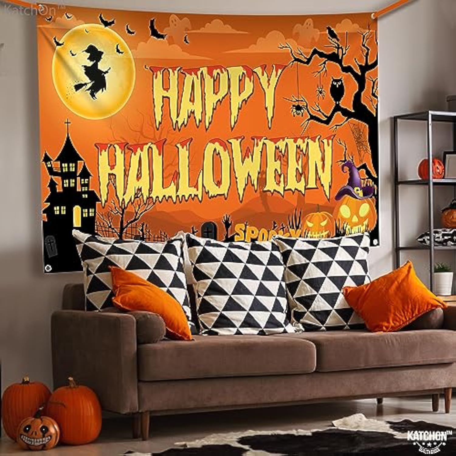 Spooky Happy Halloween Banner XL 72x44 Inch Orange Photo Backdrop for Party Decorations