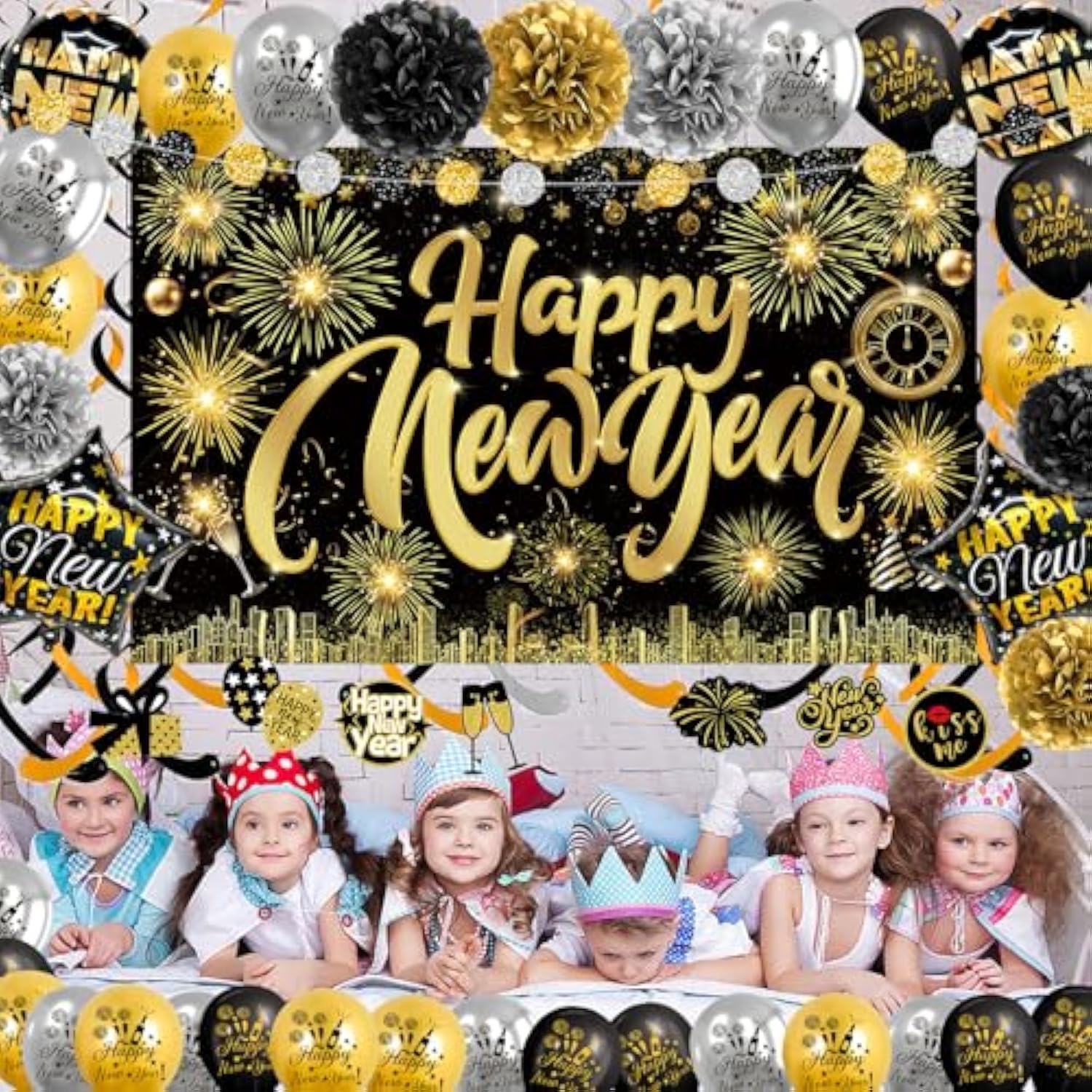 Happy New Year Photo Booth Backdrop with Fireworks Balloons and Pom Poms