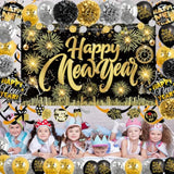 Happy New Year Photo Booth Backdrop with Fireworks Balloons and Pom Poms