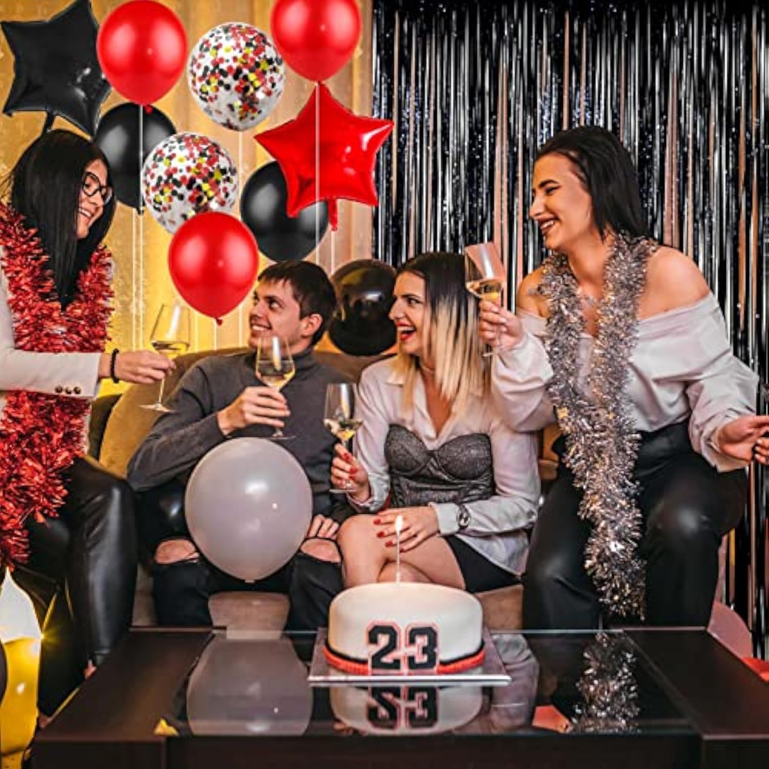 Red & Black Birthday Decor Kit with Banner, Fringe Curtain, Balloons & Confetti