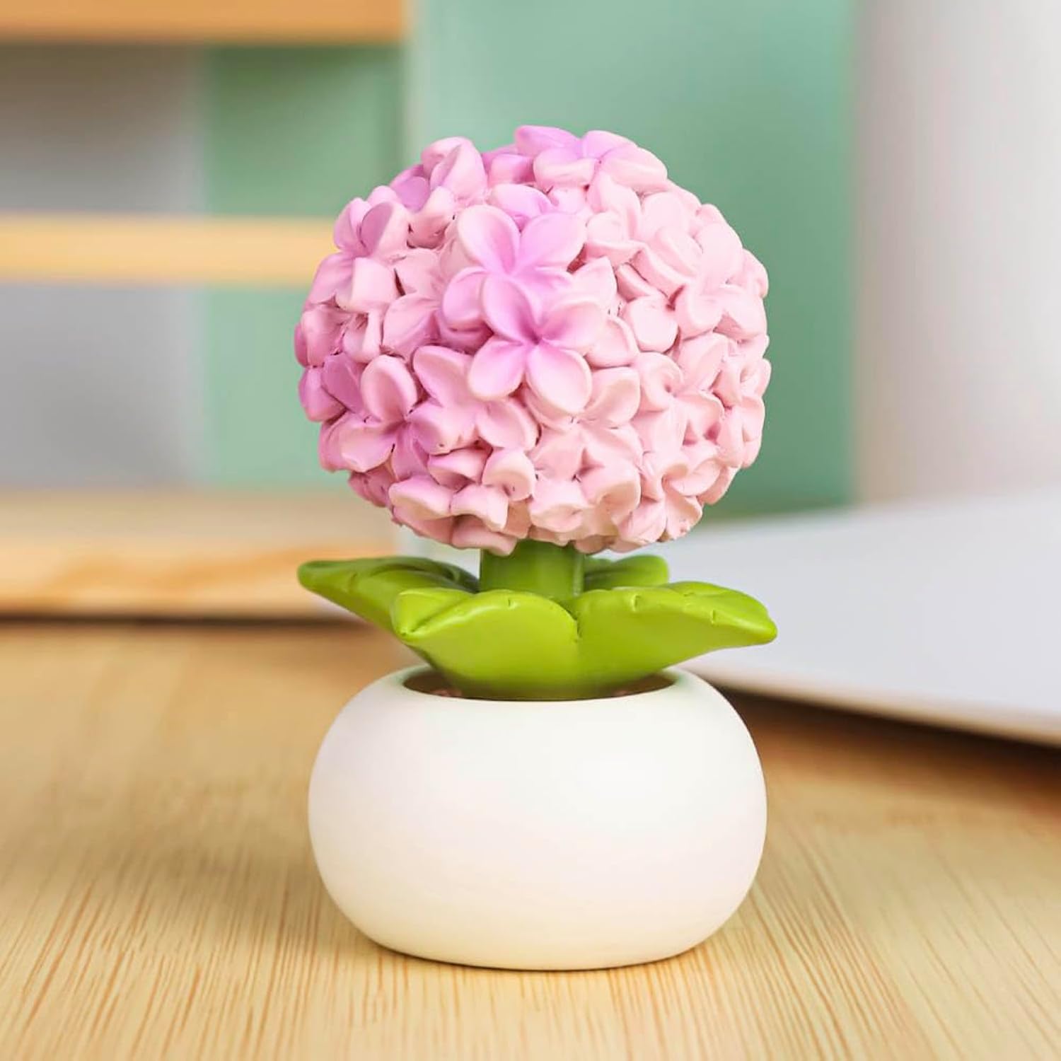 Resin Hydrangea Flower With Pot Mini Artificial Hydrangea Potted Plant Resin Figurines Flowers For Car Dashboard Bathroom Home Kitchen Rustic Table Centerpiece Shelf Decor,Pink