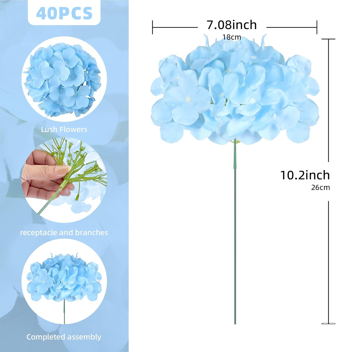 40Pcs Artificial Flowers Fake Hydrangea Flowers Heads Full Faux Silk Flowers With Stems For Wedding Home Party Kitchen Indoor Baby Shower Decoration(Blue)