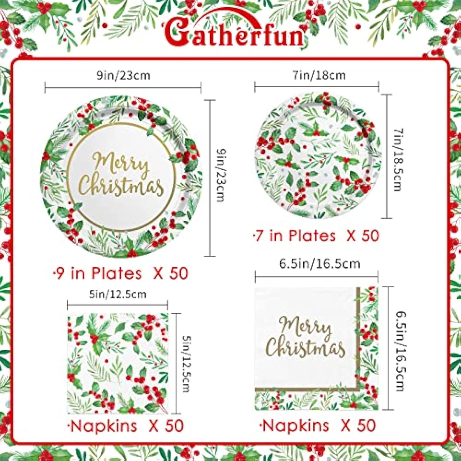 Christmas Party Supplies, Serve 50, Christmas Seasonal Holly Tableware Includes: Paper Dinner Plates, Dessert Plates, Luncheon Napkins And Beverage Napkins, Great For Party Decorations