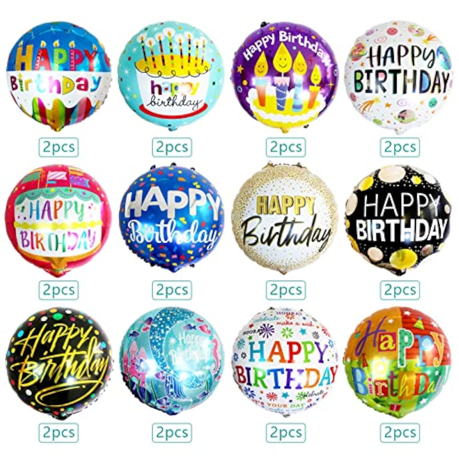 24Pcs 18" Happy Birthday Foil Balloons – Round Helium Mylar Balloons with 12 Fun Designs