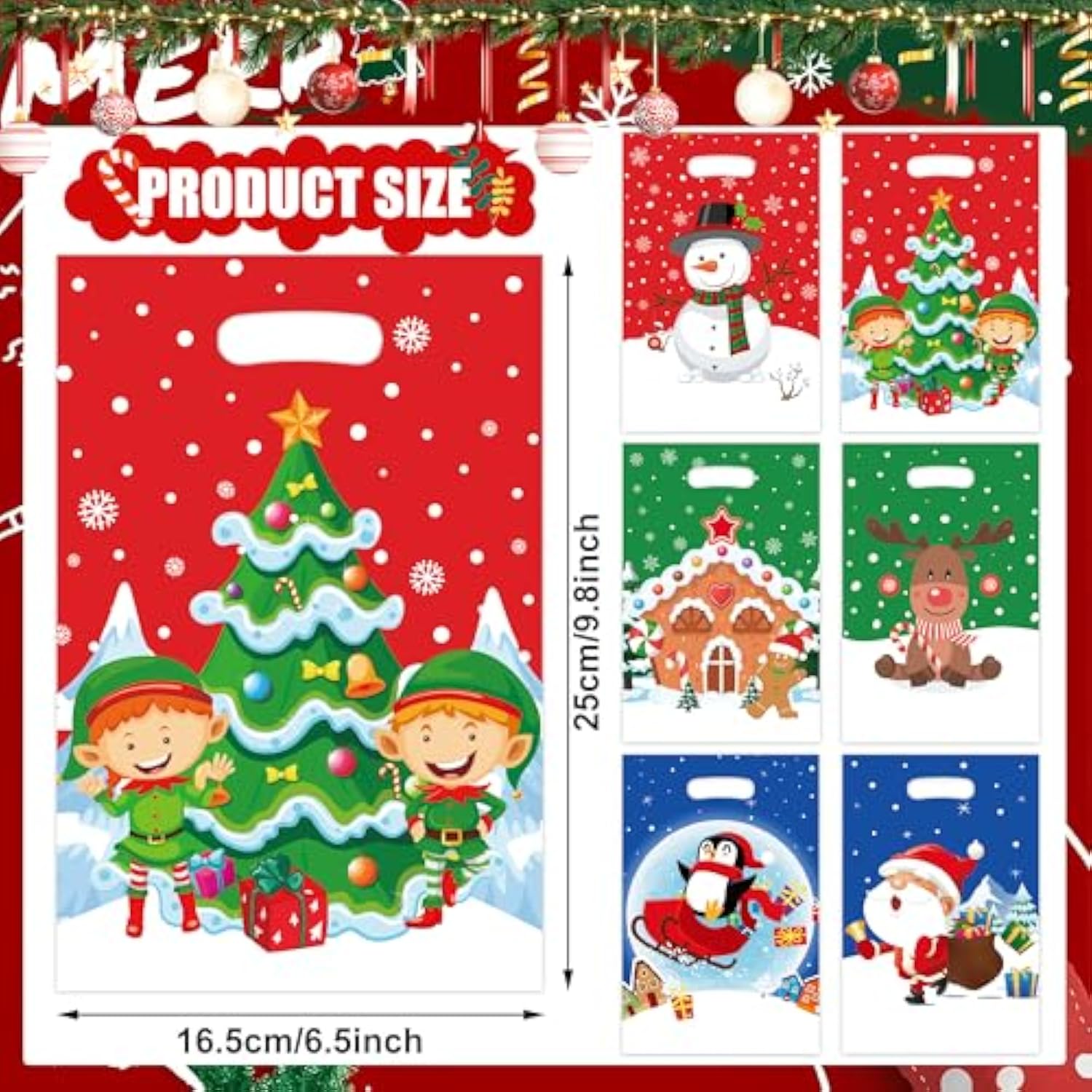 120 Pcs Christmas Plastic Gift Bags 6 Styles Christmas Goodie Bag With Handle Santa Claus Snowman Elf Treat Candy Bags Bulk Reindeer Penguin Party Favor Bag For Xmas Holiday Party Supplies