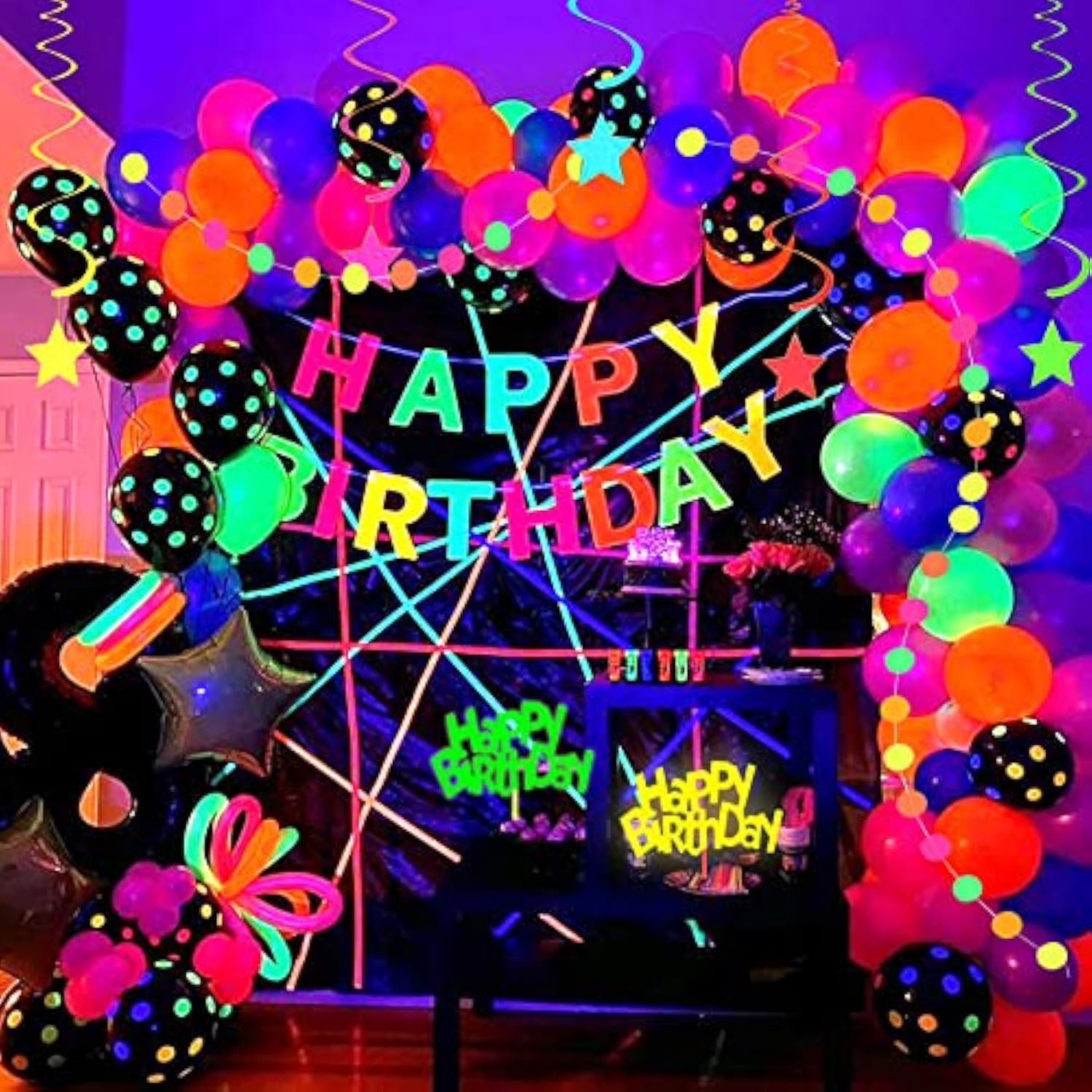Glow In The Dark Birthday Party Decorations With Neon Balloons Garland, Porch Sign Let'S Glow Crazy - Party Supplies And Decor