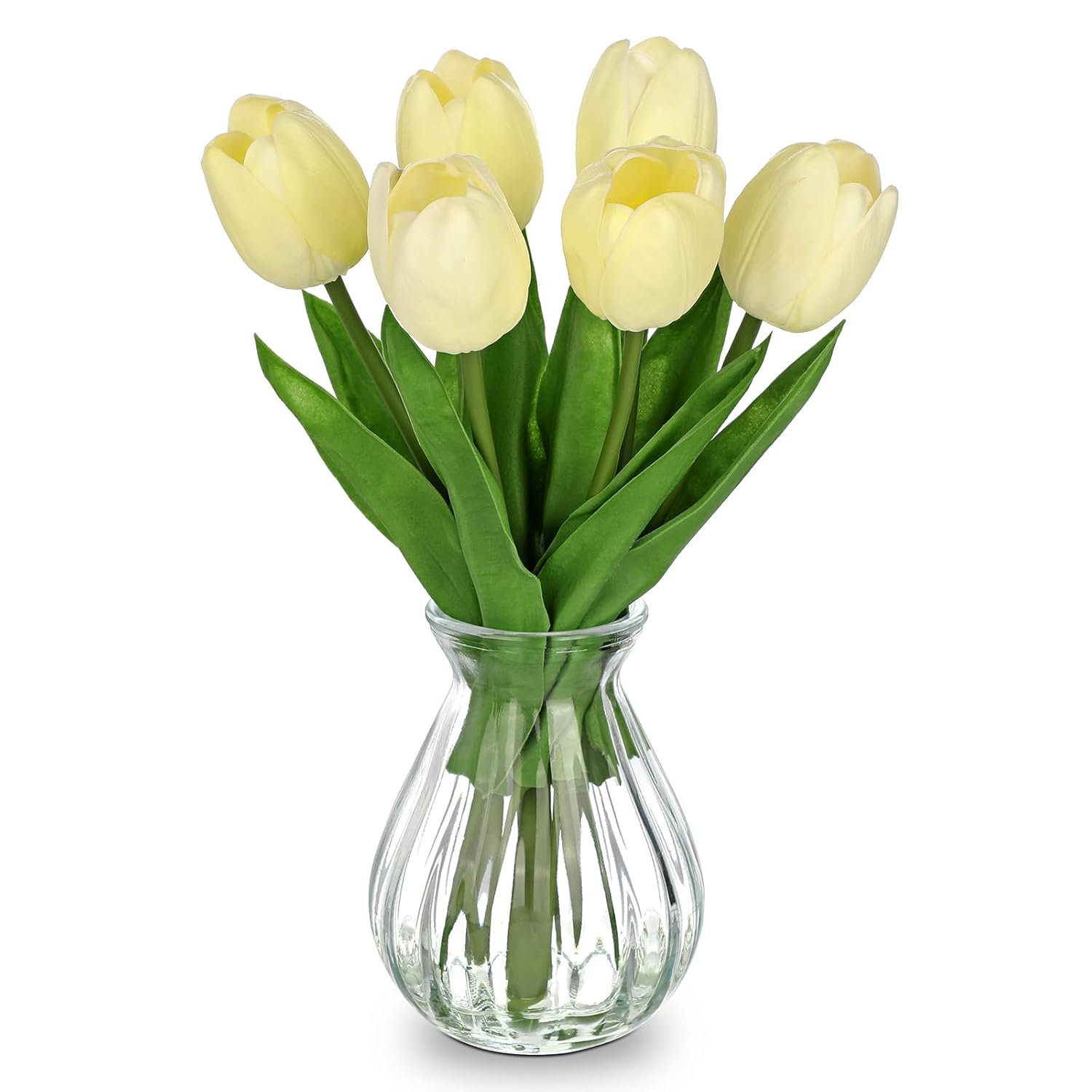 Fake Tulip Flowers Artificial In Glass Vase With Faux Water Real Touch Foam Tulip Arrangement Suitable For Dining Table Centerpiece Wedding Home Office Decoration (Cream Yellow)