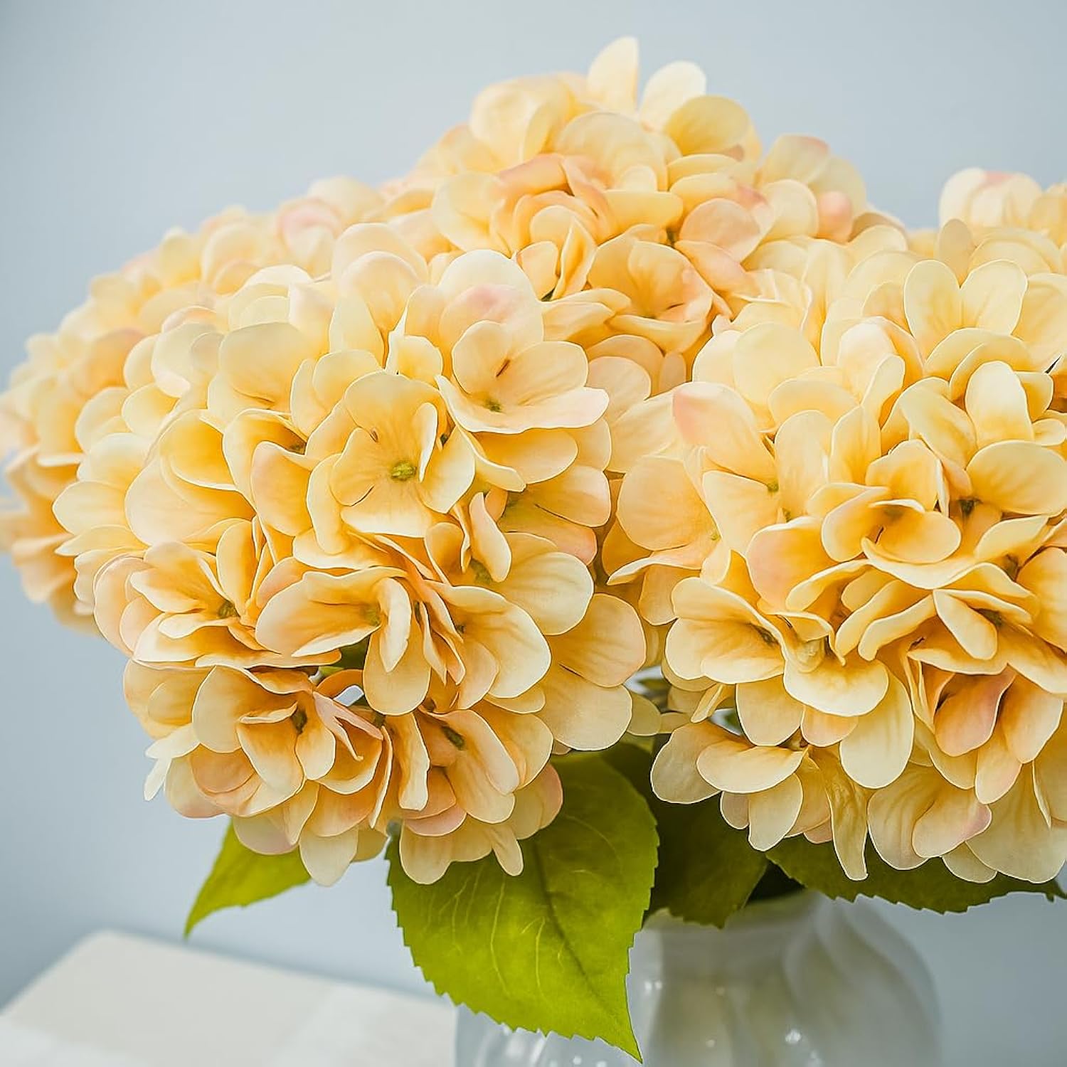 6Pcs Faux Fake Flowers Artificial Silk Hydrangea With Stems Bouquets Arrangement For Home Table Centerpieces (Beige)