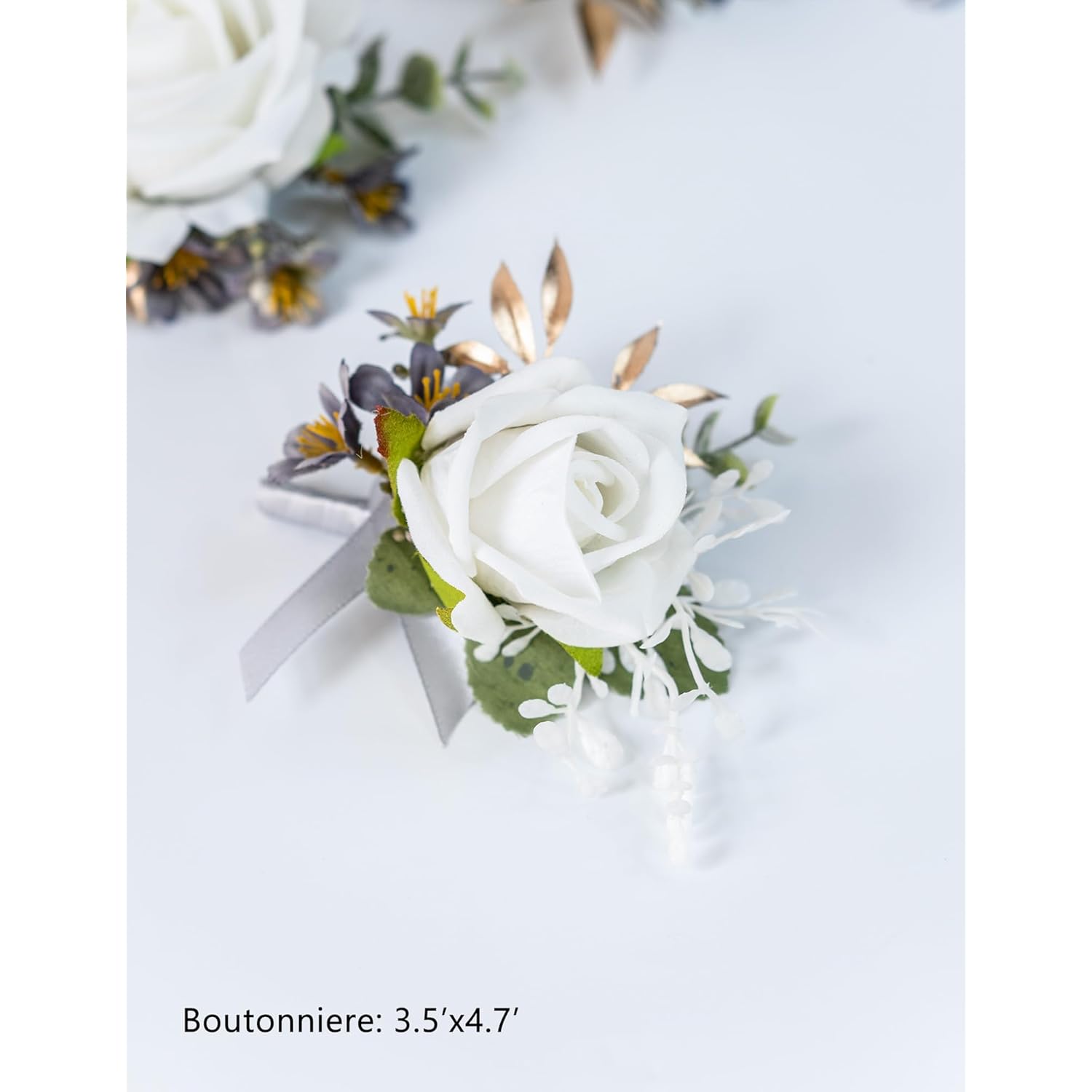 Corsage And Boutonniere Set For Groom Bride Groomsmen Bridesmaids Wedding Party Prom, Artificial Roses Flower Boutonniere For Men Wedding Mother Grandmother For Bridal Shower Prom (White)