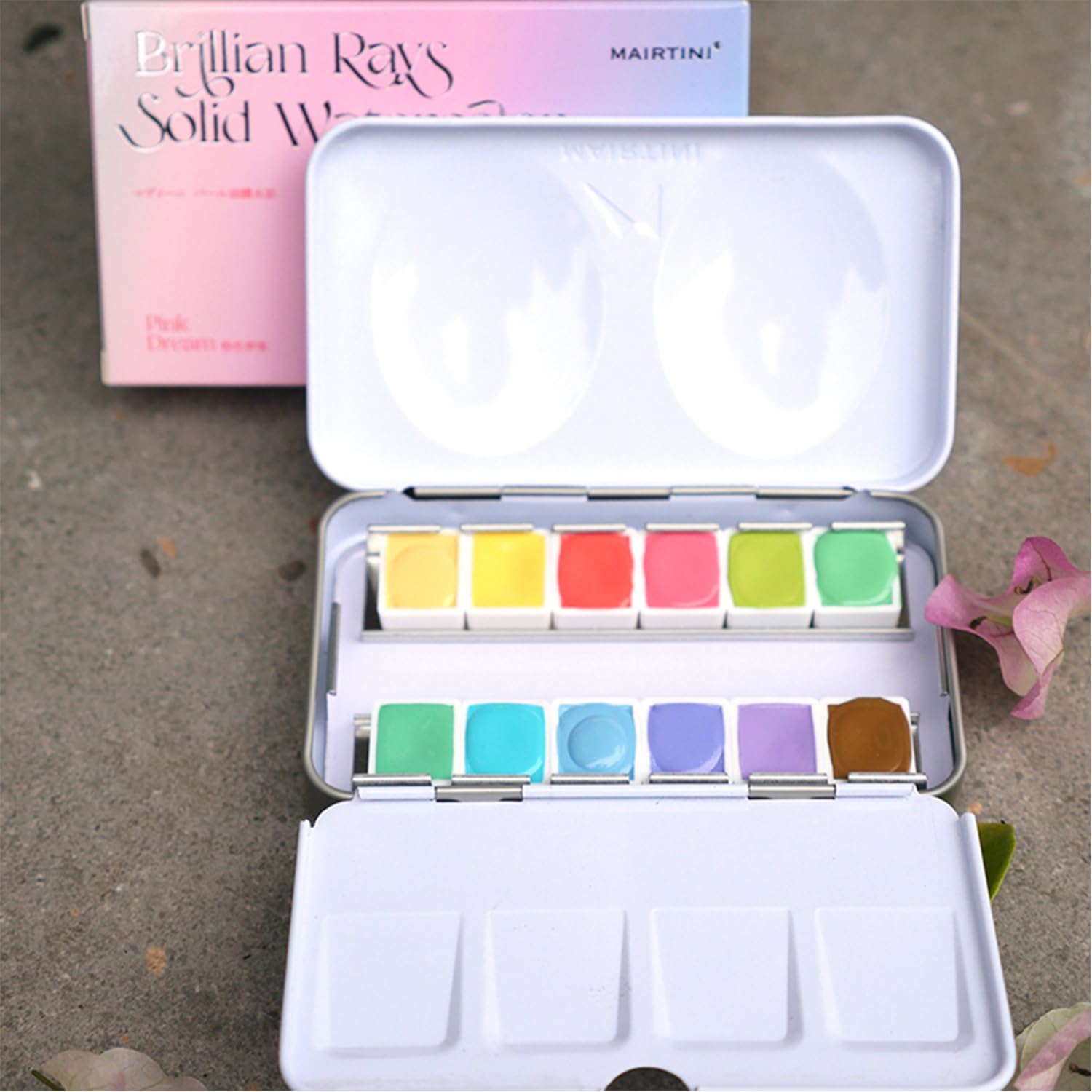 Mairtini Academy Grade Brilliant Series Half-Pan Solid Watercolor Paint Set With Iron Case 12Pcs?Pink Dream?